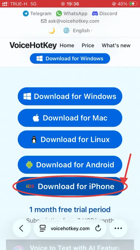Startseite voicehotkey.com mit dem Download for iPhone Button