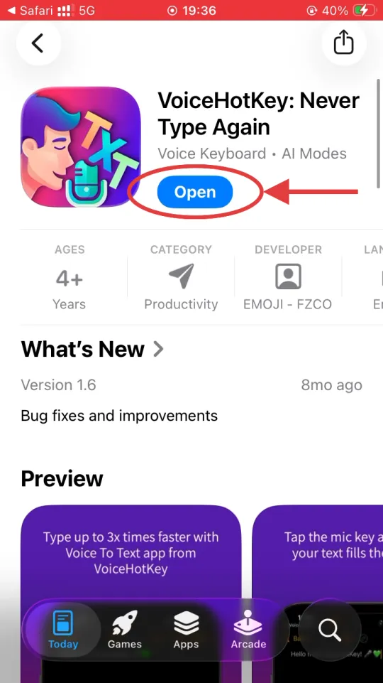 App Store Open Button nach der Installation