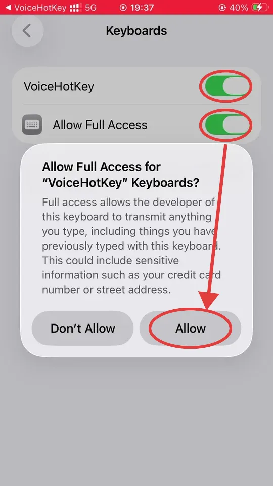 iOS-Warndialog Allow Full Access