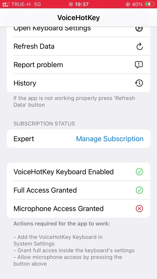 App zeigt erforderliche Aktionen, Mikrofonberechtigung fehlt noch