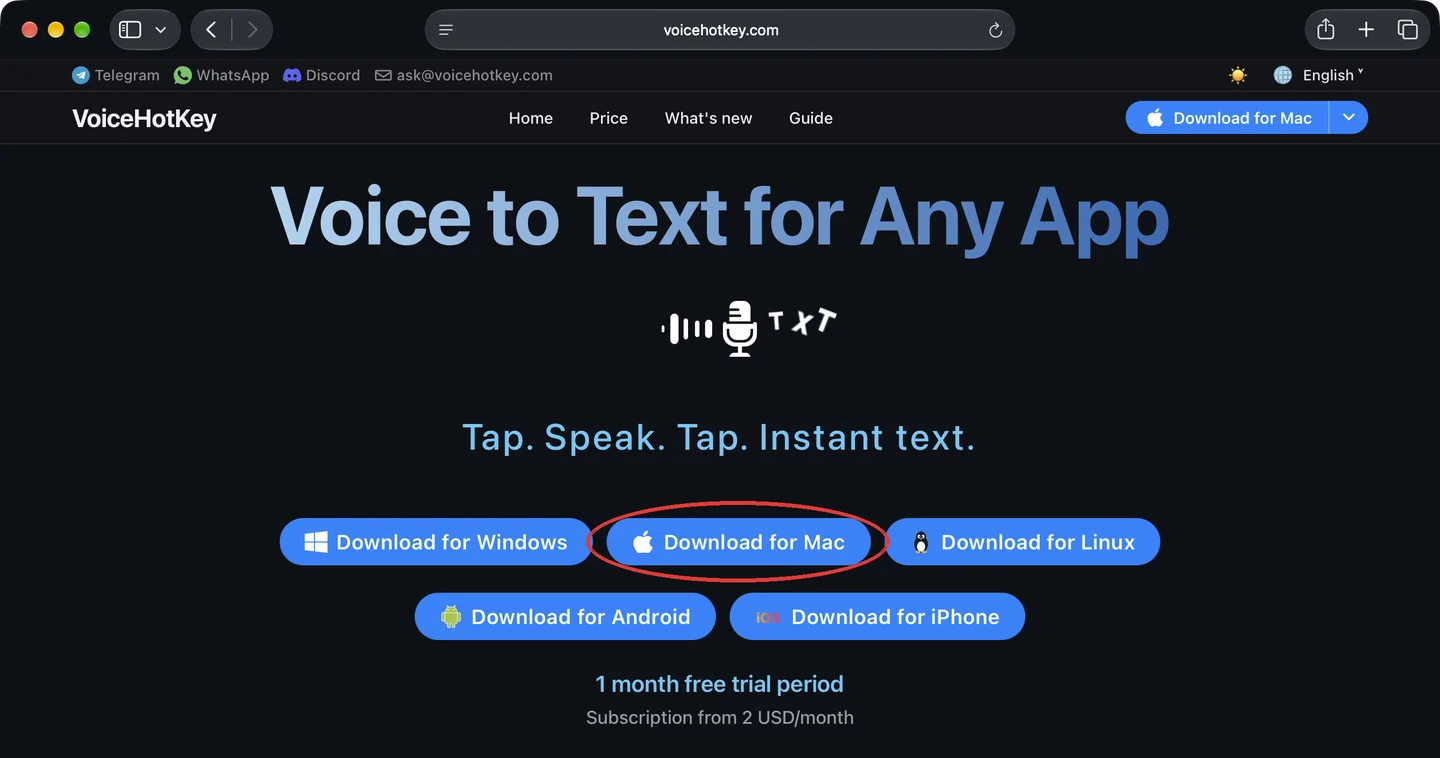 Startseite von voicehotkey.com mit der Schaltfläche zum Herunterladen für Mac