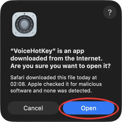 macOS-Dialog für eine aus dem Internet geladene App mit der Schaltfläche Öffnen
