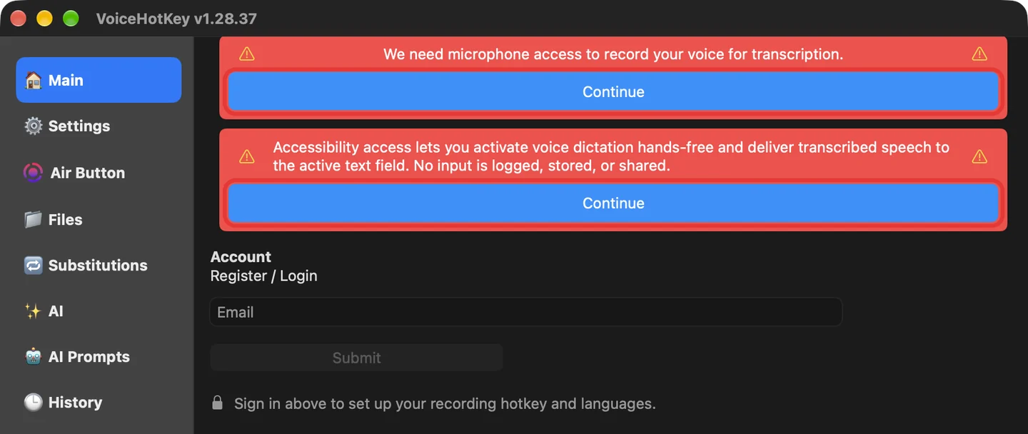 Hauptfenster von VoiceHotKey mit Hinweisen zu Mikrofon und Bedienungshilfen