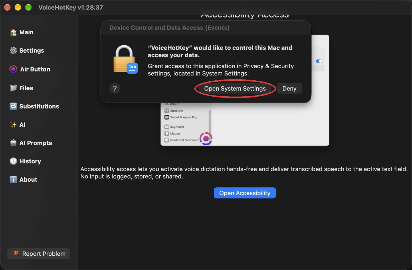macOS-Anfrage zu Bedienungshilfen mit der Schaltfläche zum Öffnen der Systemeinstellungen
