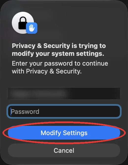 macOS-Passwortabfrage mit der Schaltfläche zum Ändern der Einstellungen