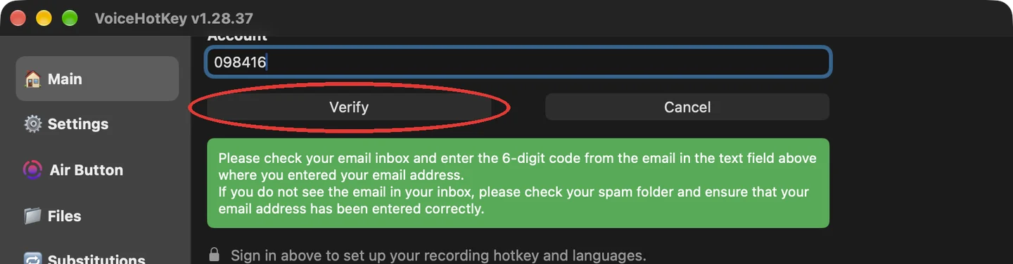 Eingegebener Bestätigungscode und Schaltfläche Bestätigen
