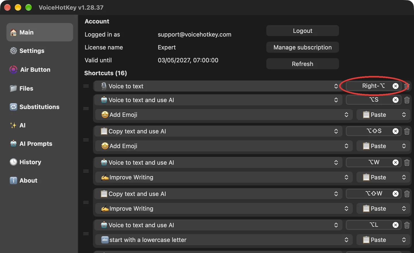 VoiceHotKey nach der Anmeldung mit rechter Wahltaste als Diktierkürzel