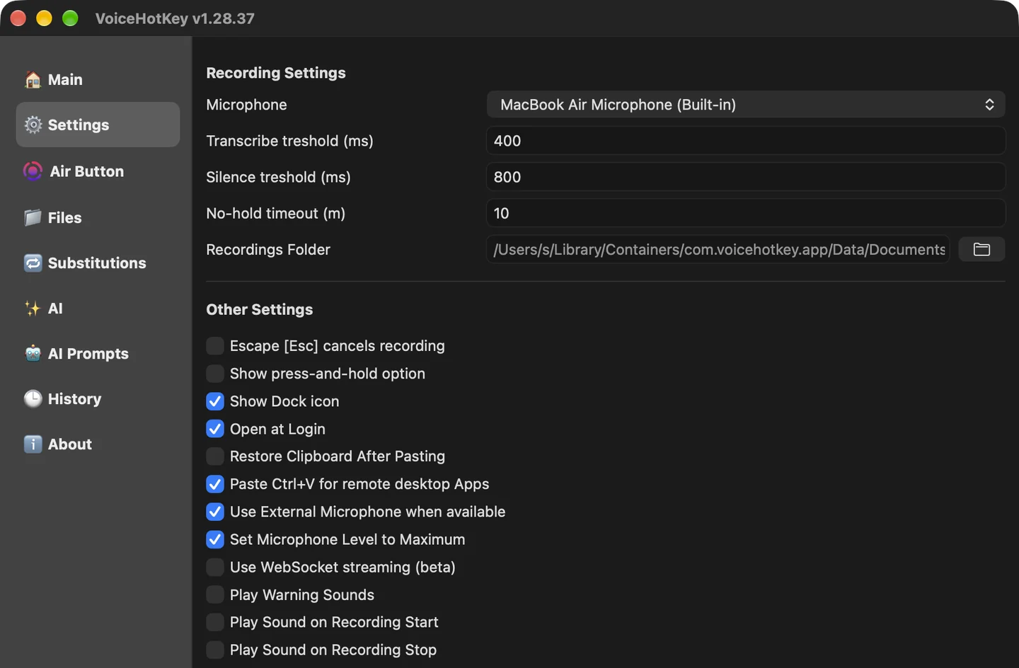Tab Einstellungen in VoiceHotKey