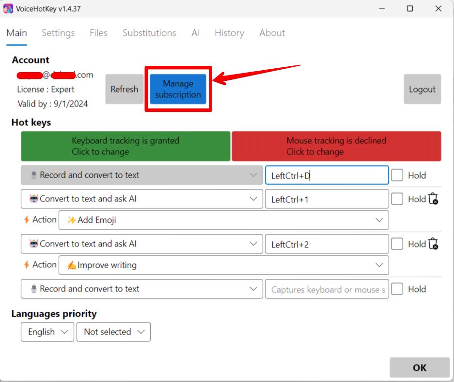 VoiceHotKey Windows Abonnement verwalten