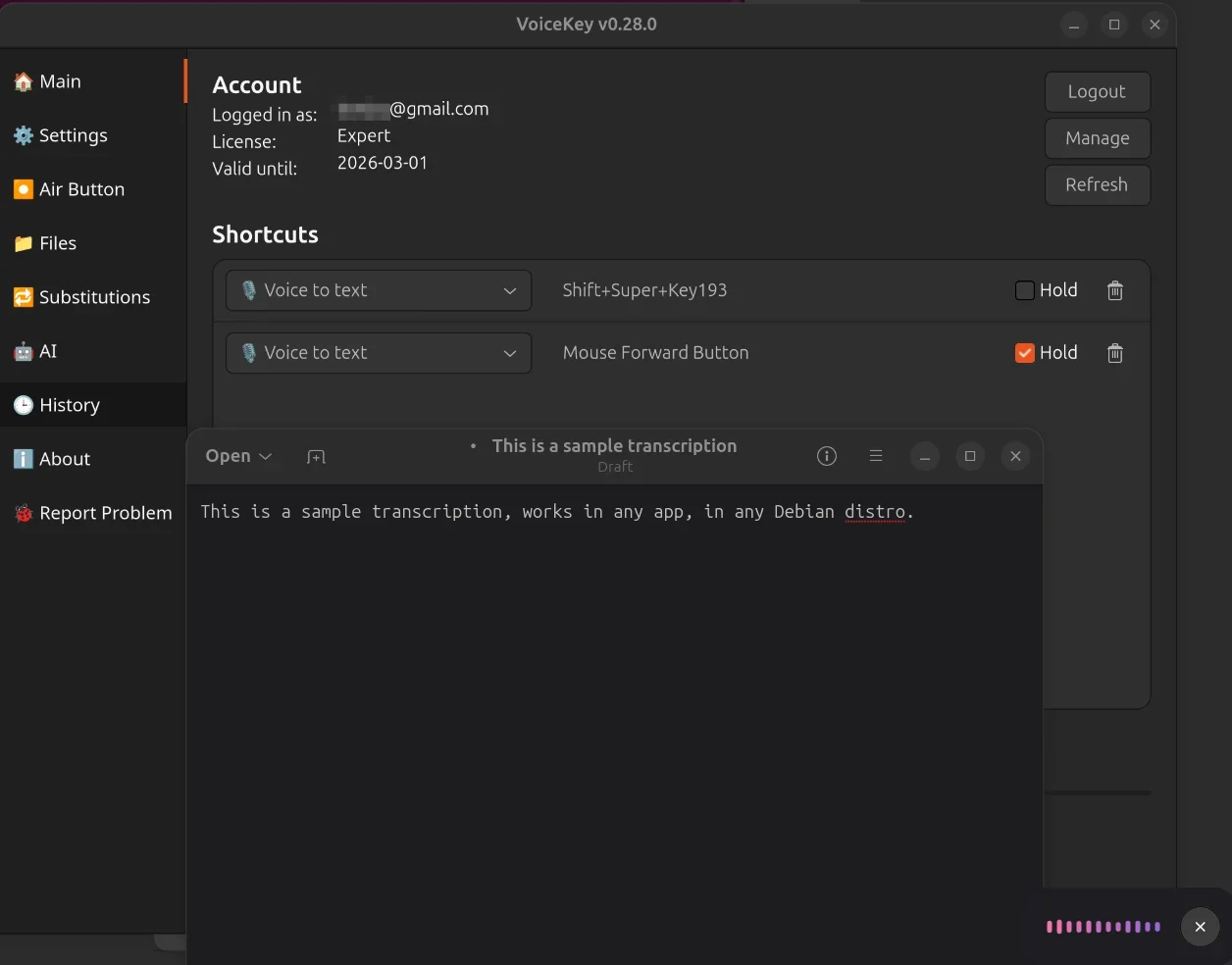 VoiceKey Sprachdiktat-App, die unter Ubuntu Linux mit Tastenkürzeln und einer Live-Transkription läuft